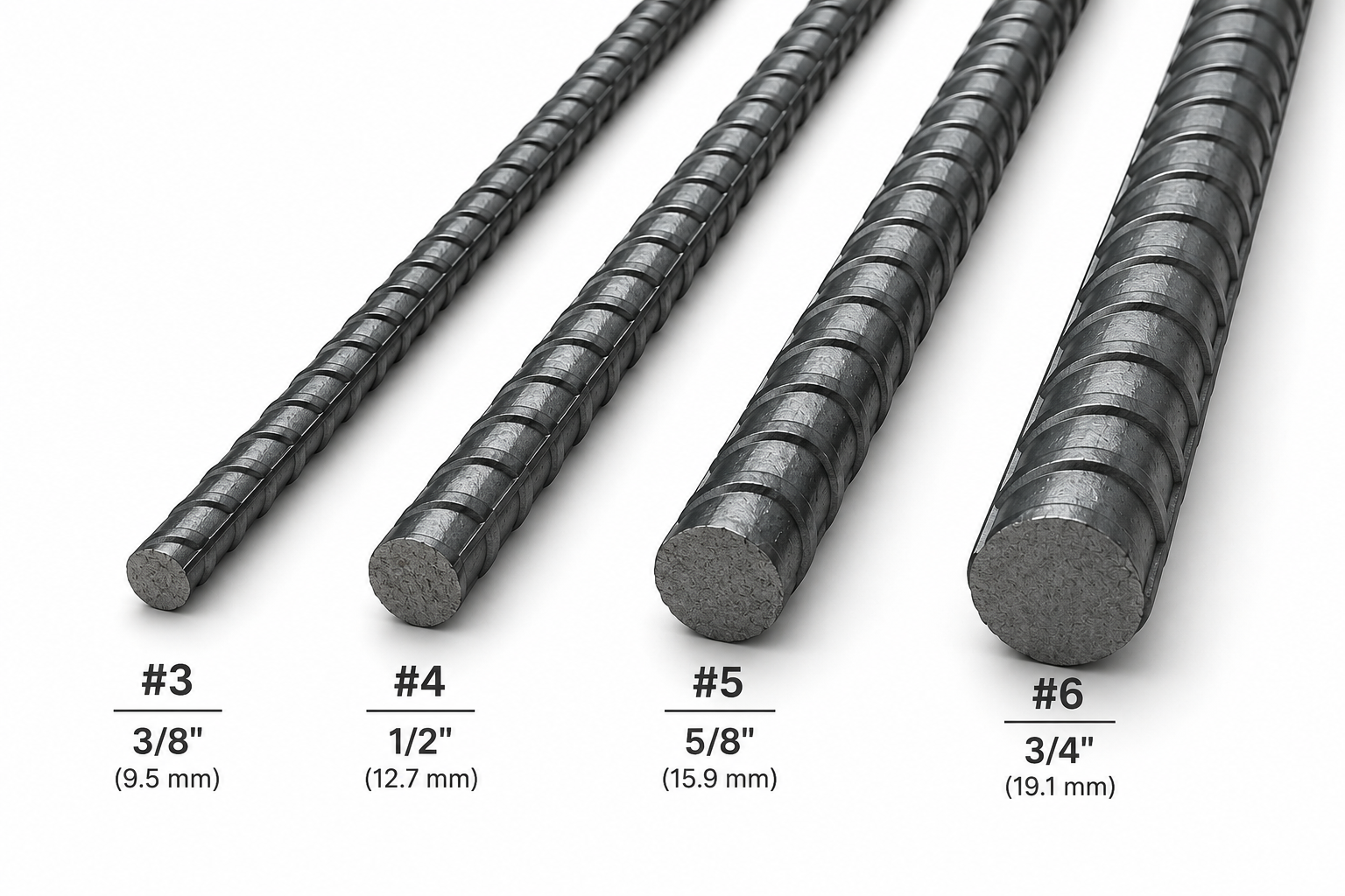 Rebar size comparison chart showing #3 (3/8"), #4 (1/2"), #5 (5/8"), and #6 (3/4") bars side by side.