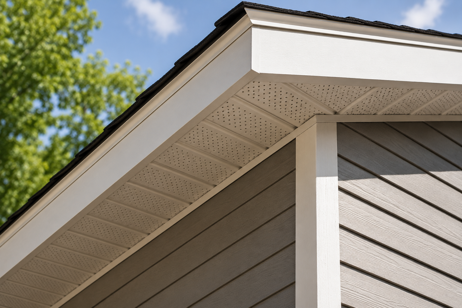 Vented tan soffit and white fascia at the roofline of a home with tan lap siding.