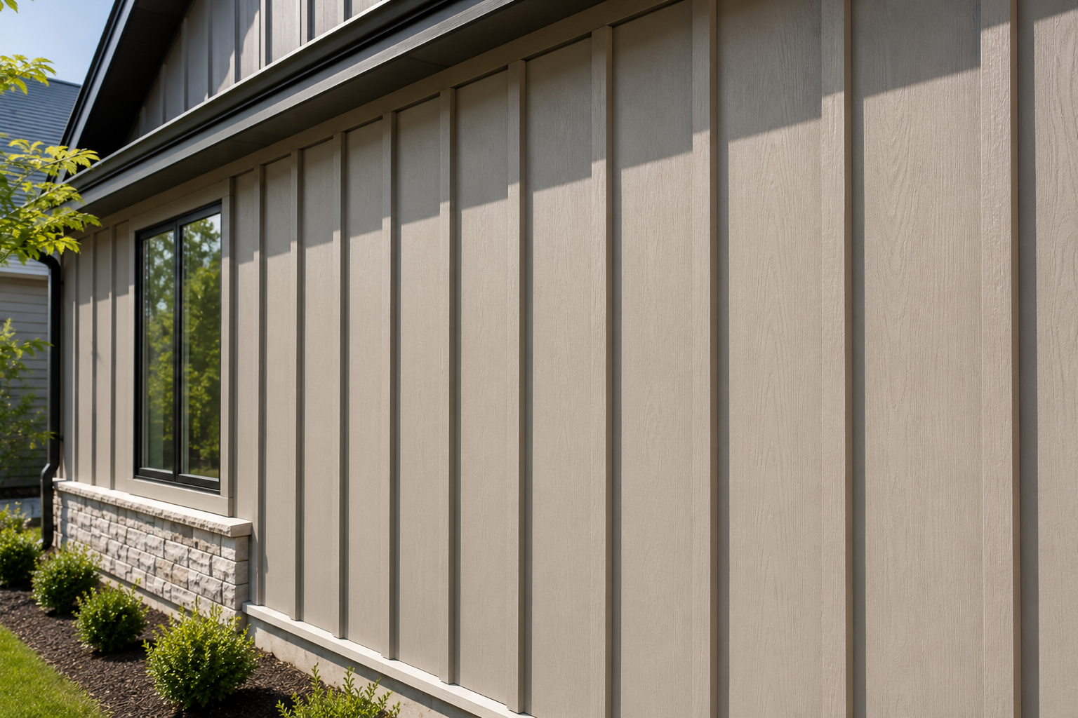 Tan board-and-batten LP SmartSide panel siding on a home exterior.
