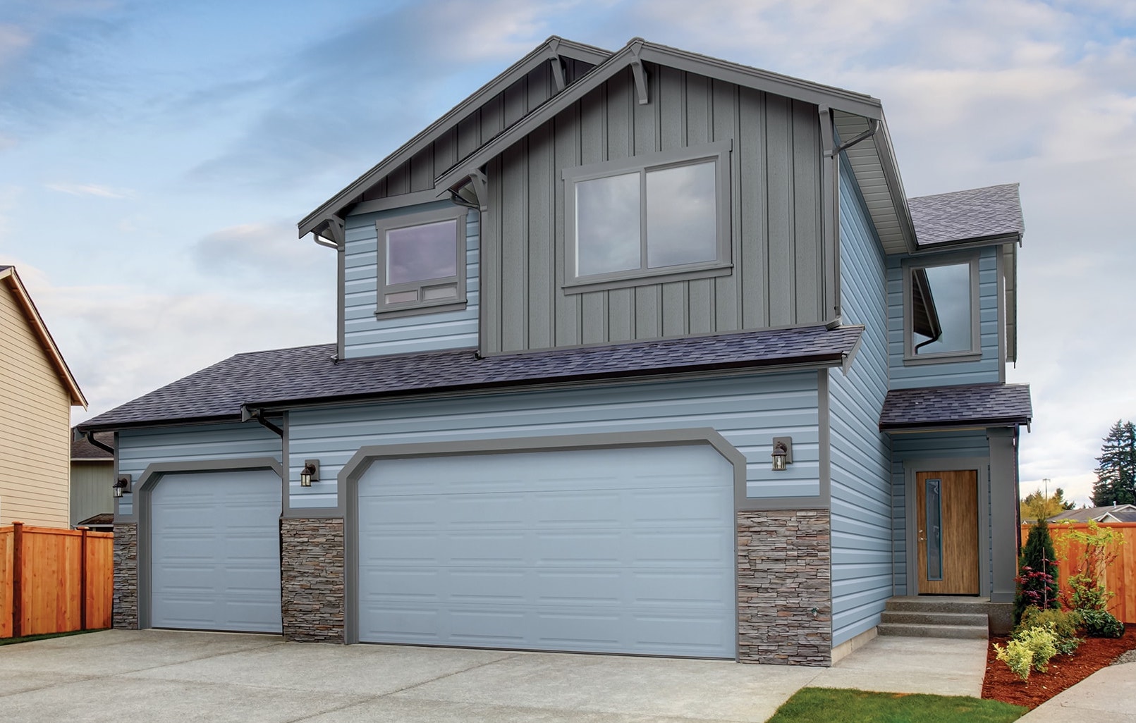 Exterior Portfolio Market Square lap siding with woodgrain texture and board-and-batten shutters