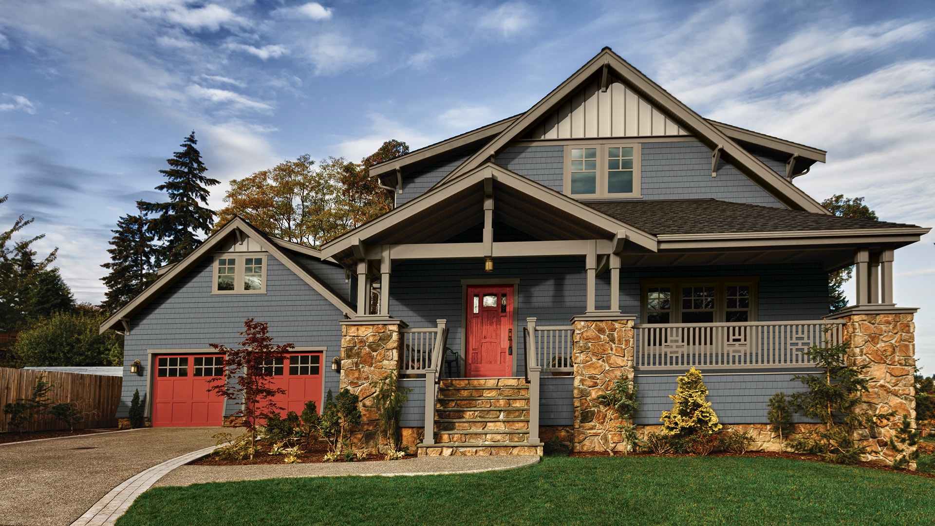 Blue-gray Exterior Portfolio vinyl shake and board-and-batten siding on a craftsman home