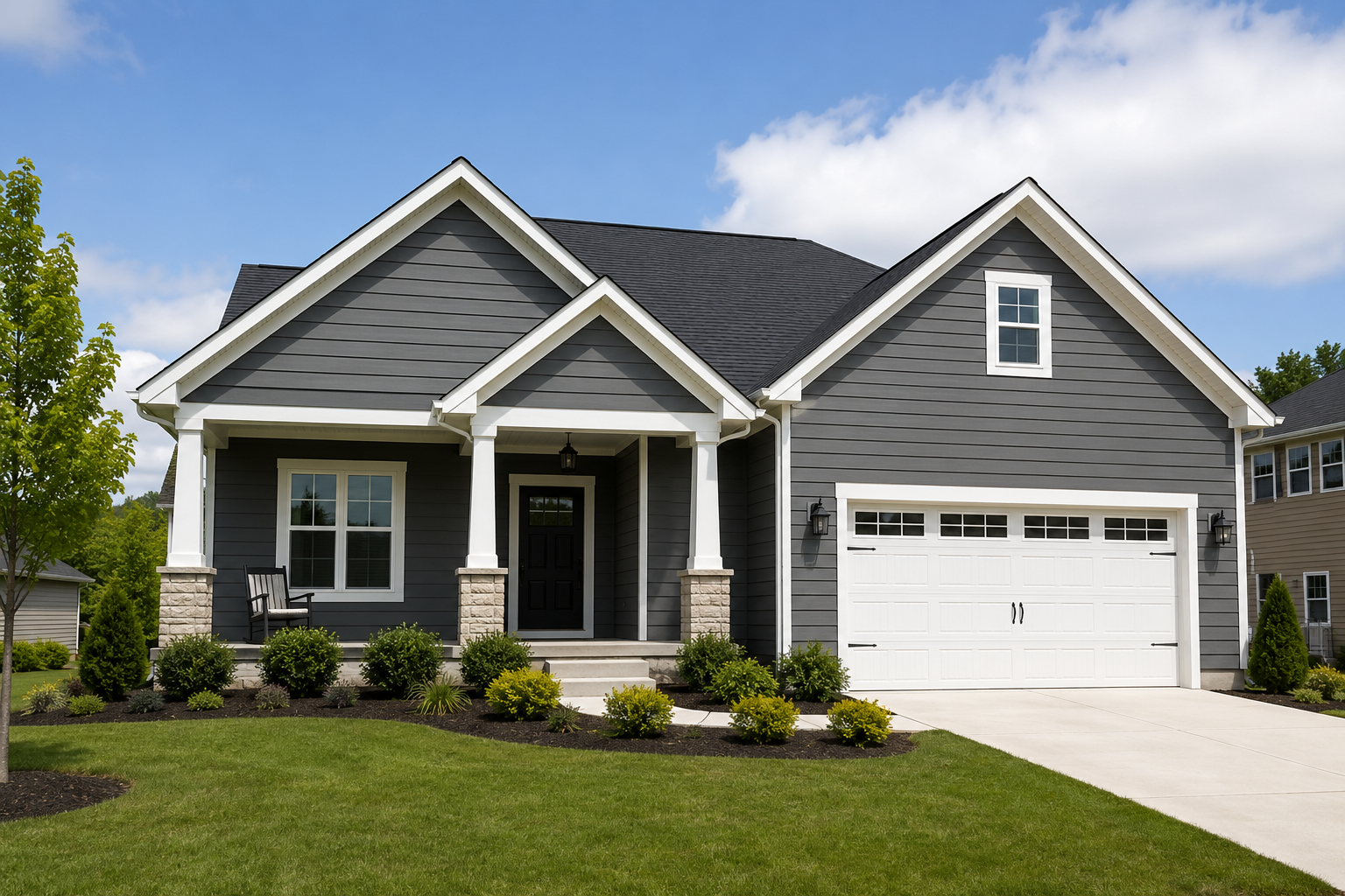 Gray LP SmartSide siding on a modern home with white trim