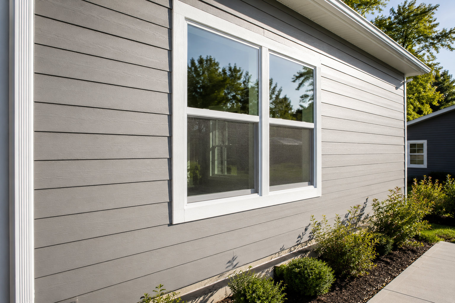 LP SmartSide gray lap siding on a home exterior with a white-trimmed double window.