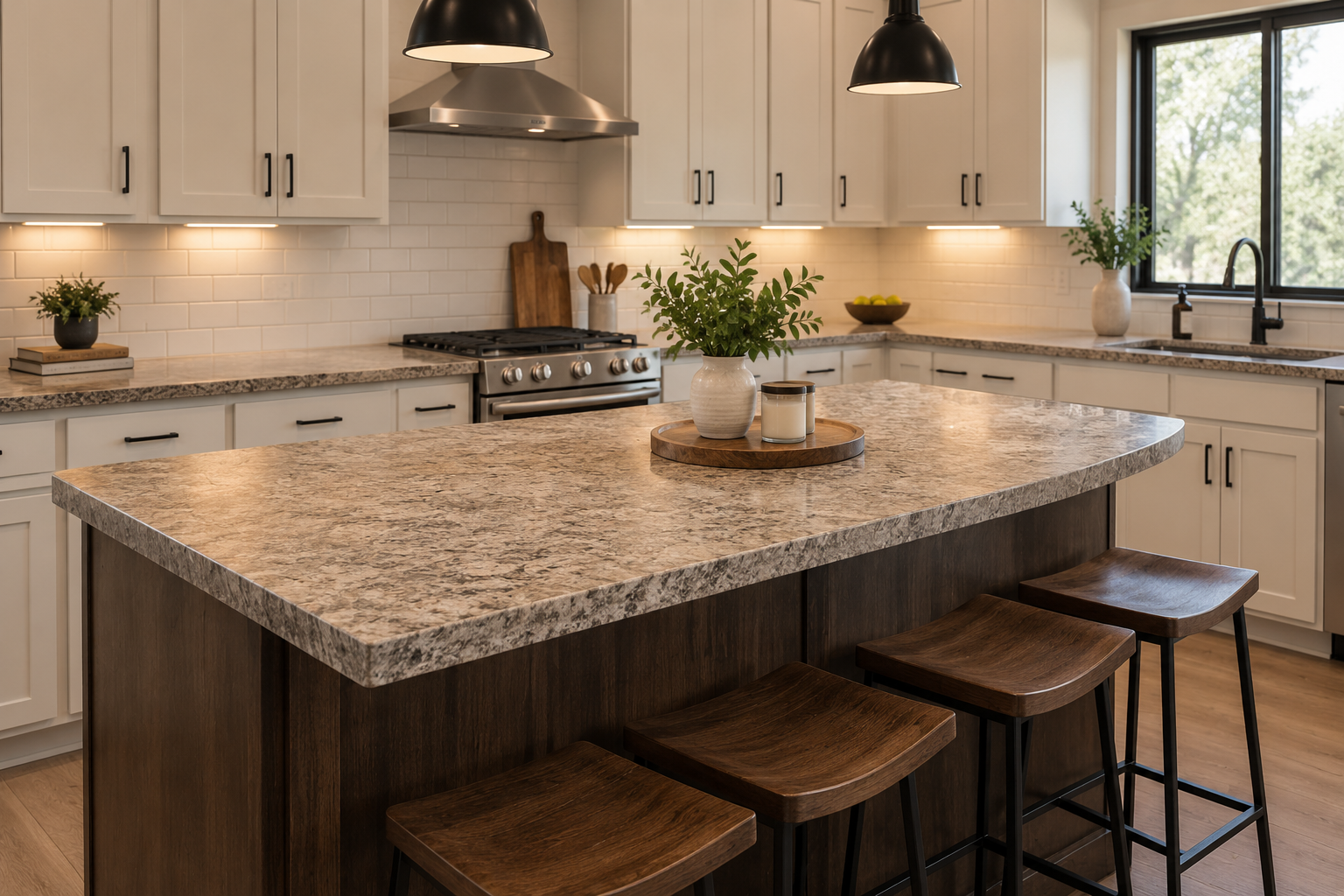 Modern kitchen with light stone-look laminate countertops, white shaker cabinets, and black fixtures