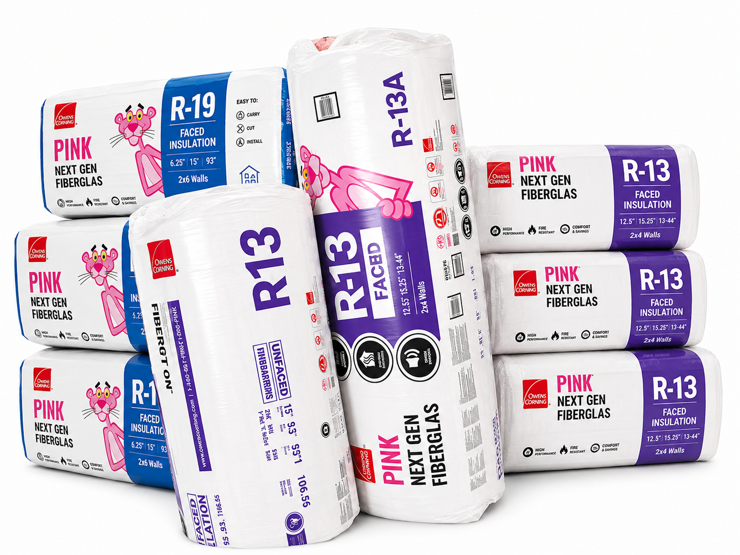 Owens Corning PINK Next Gen Fiberglas R-13 and R-19 faced batt insulation packages