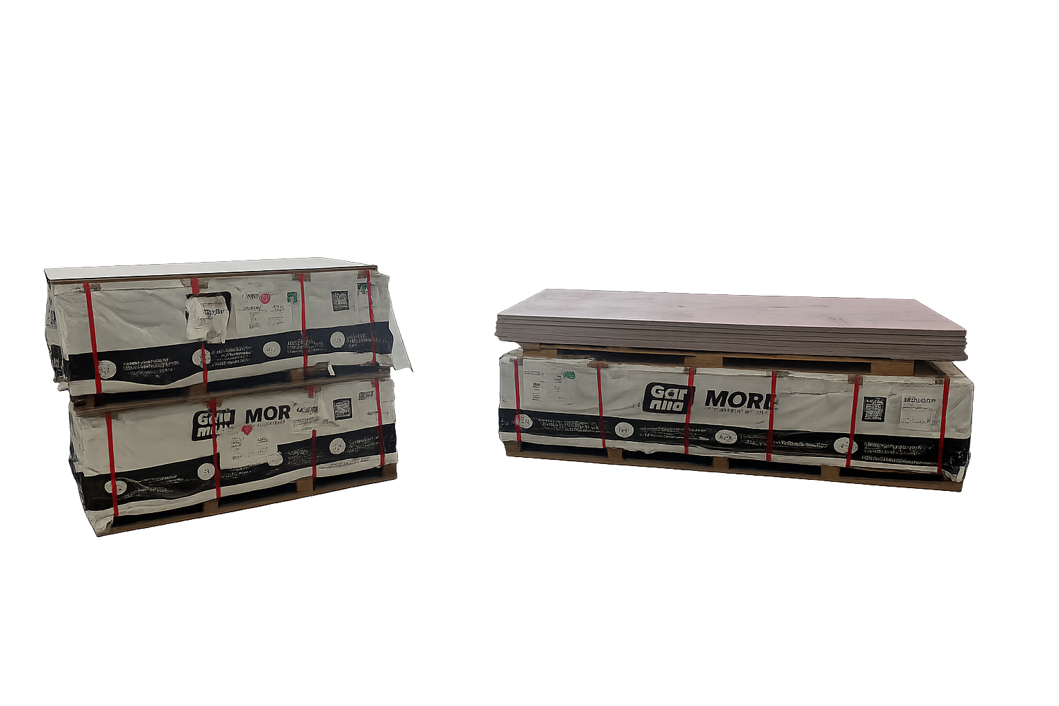 Two pallets of cement backer board panels wrapped and strapped for delivery.