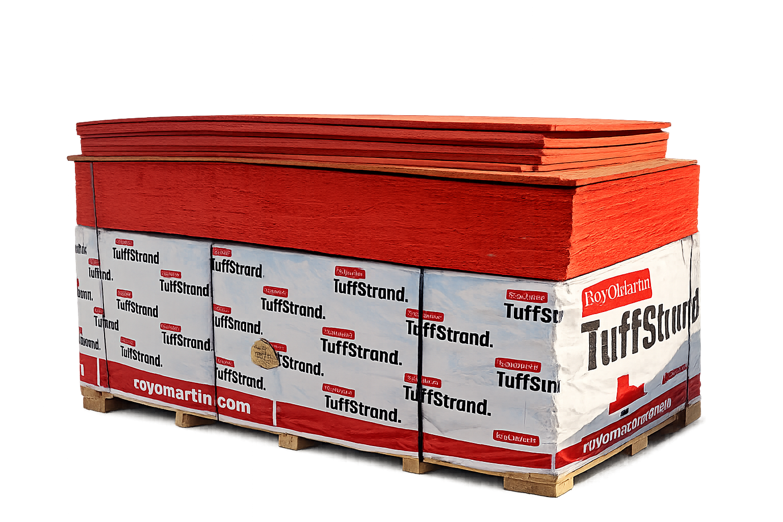 Pallet of RoyOMartin TuffStrand OSB sheathing panels with red-painted edges.