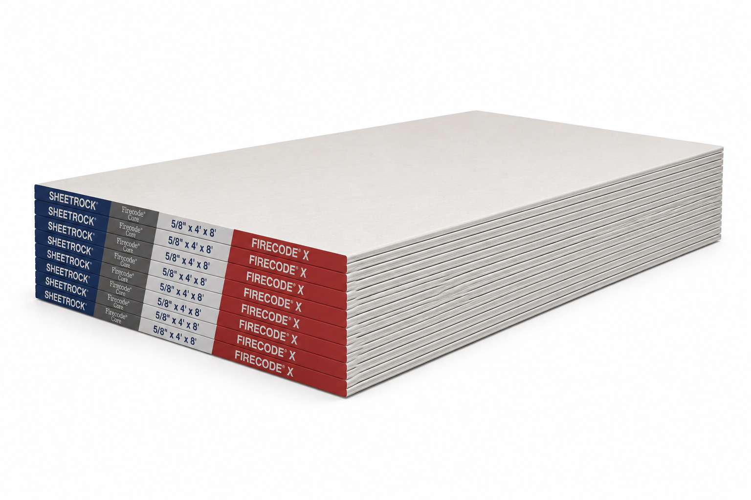 Stack of 5/8" Sheetrock Firecode X fire-rated drywall panels