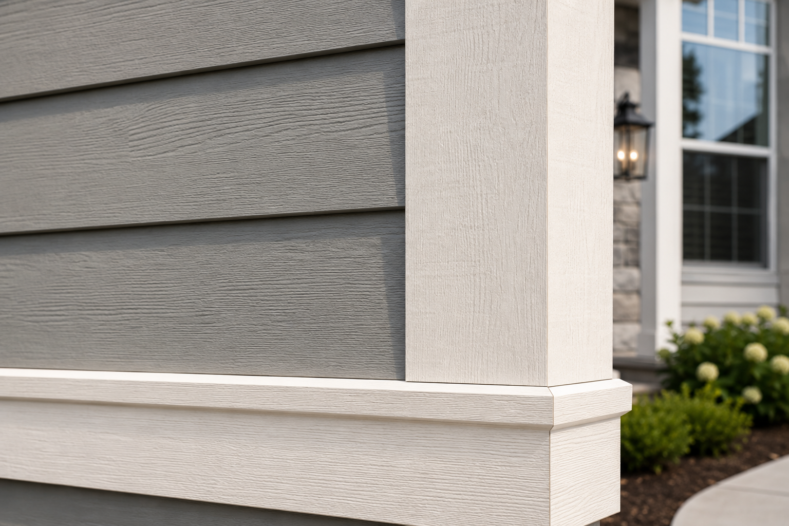 Close-up of white LP SmartSide trim wrapping a corner post against gray lap siding.