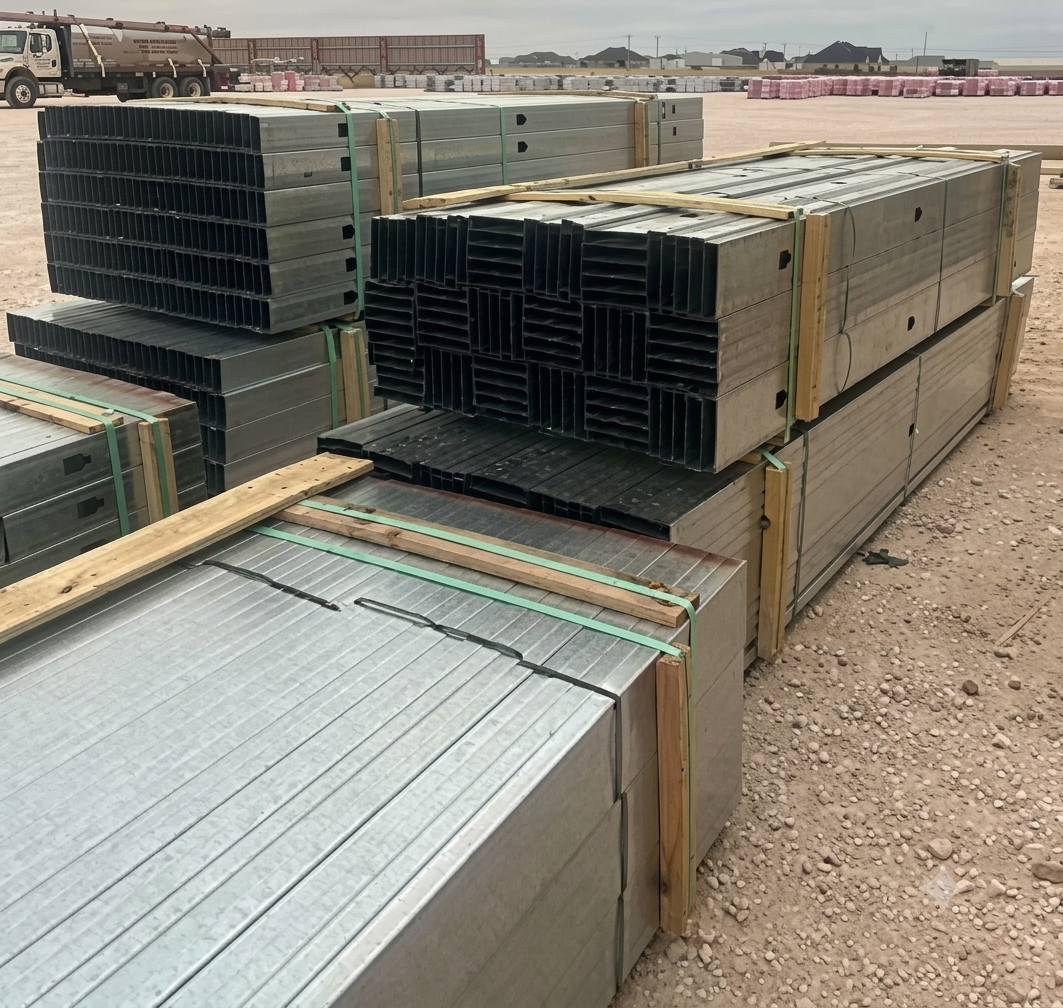 Bundles of steel studs in 3 5/8" and 6" widths.
