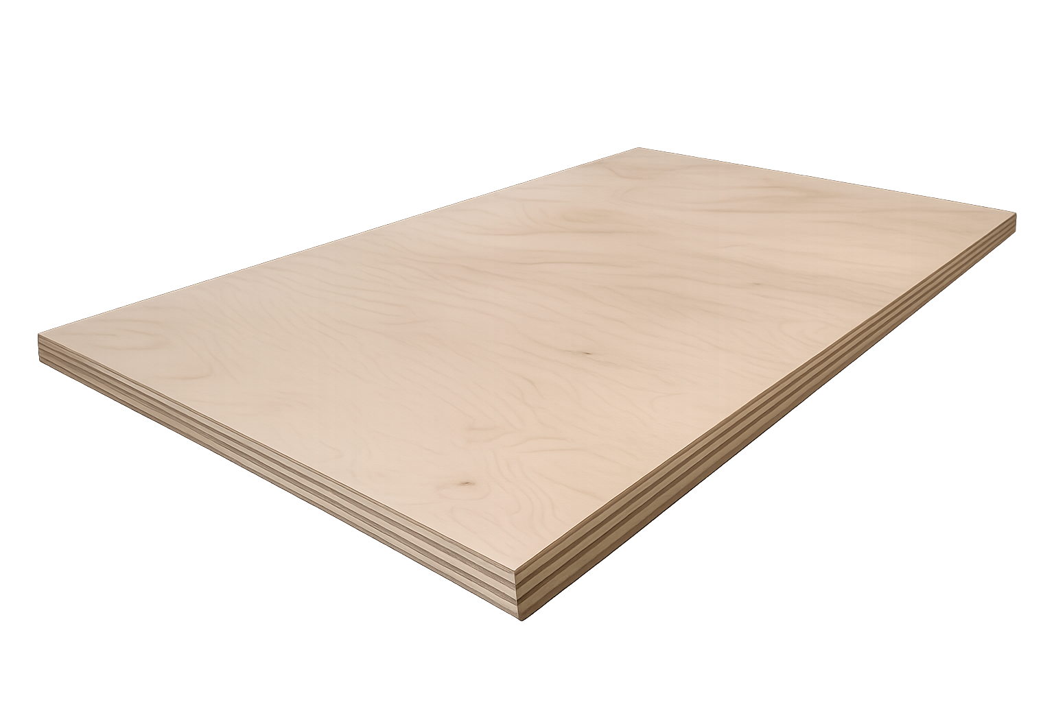 Single sheet of cabinet-grade birch plywood showing the smooth face and layered edge plies.