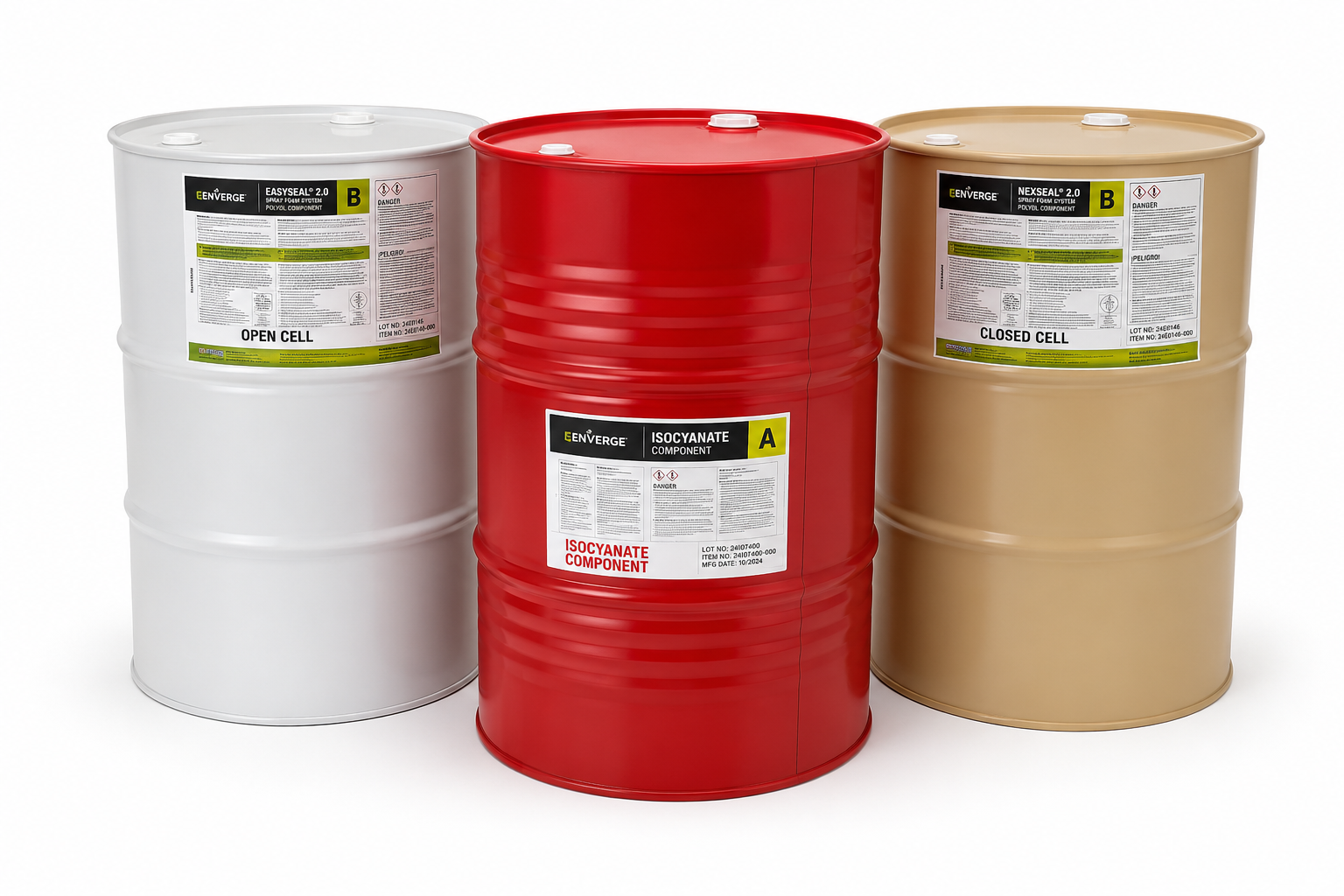 Spray foam A and B component chemical drums on pallets