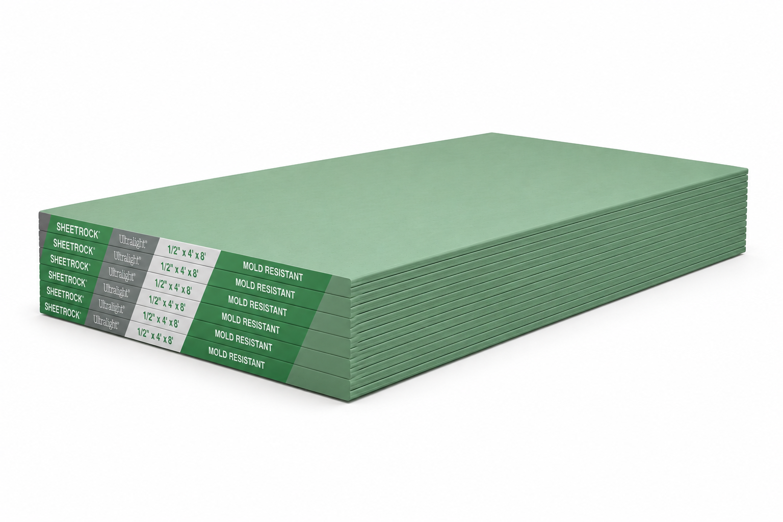 Stack of green mold-resistant Sheetrock drywall panels