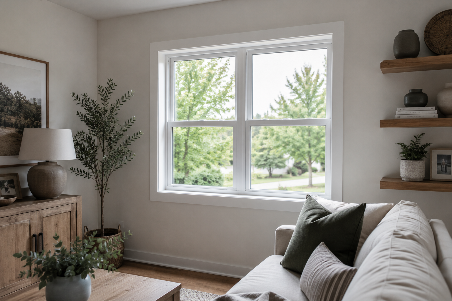 White vinyl double-hung windows installed in a bright living room